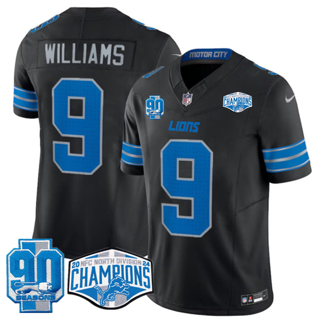 Men's Black Detroit Lions #9 Jameson Williams 2024 NFC North Champions 90th Anniversary Patch F.U.S.E. Vapor Limited Stitched Jersey